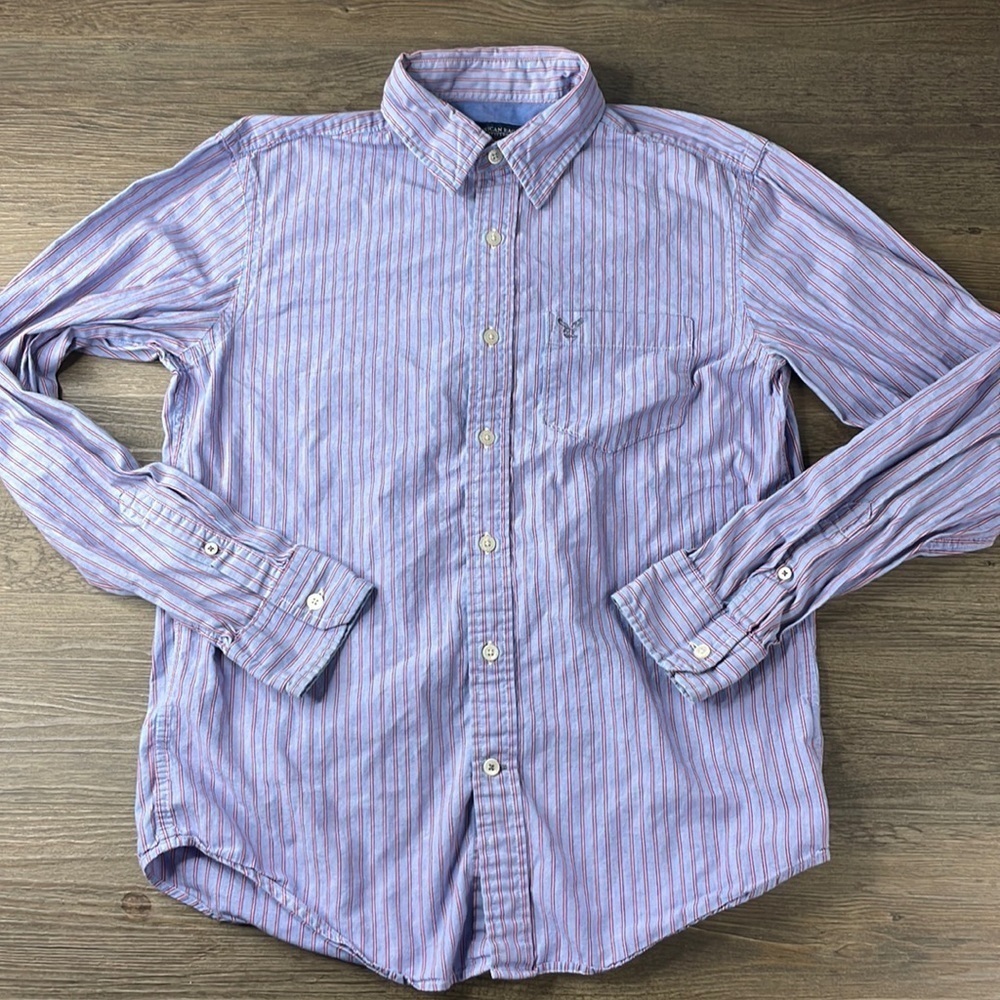 American Eagle Men’s Blue Red White Striped Button Down Collared Shirt, sz small
